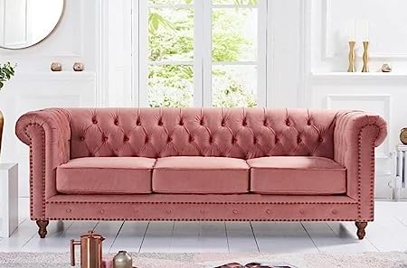 Image of Classic Hand Tufted 3 Seater Chesterfield Sofa in Wide Velvet for Home & Living Room & Office & Guest Room (Rosewood Pink)