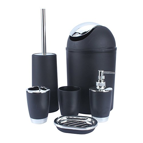 SHINE BATHROOM SET 6 PIECE ACCESSORY BIN SOAP DISH DISPENSER TUMBLER TOOTHBRUSH HOLDER (BLACK)
