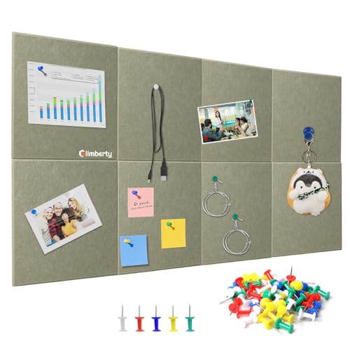 Image of Climberty 8 Pcs Felt Bulletin Board Tiles 30x30cm Self Adhesive Soft Boards for Wall, Soundproof Blanket Pin Board with 50 Pushpins for Notes Photos Decor (Teal Green)