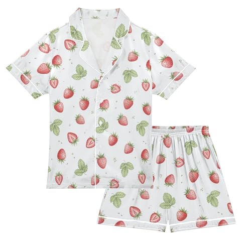 Satin Pajama Sets Short Sleeve Strawberry Pattern Print Button Down Silky Nightwear 2 Piece PJS 5-14Y