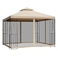 Outsunny 10' x 10' Patio Gazebo with Corner Shelves, Outdoor Gazebo Canopy Shelter with Netting, and Vented Roof, for Garden, Lawn, Backyard and Deck