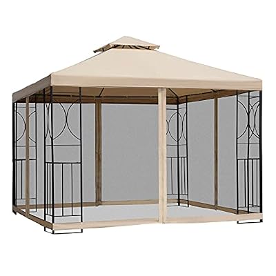 Outsunny 10' x 10' Patio Gazebo with Corner Shelves, Outdoor Gazebo Canopy Shelter with Netting, and Vented Roof, for Garden, Lawn, Backyard and Deck