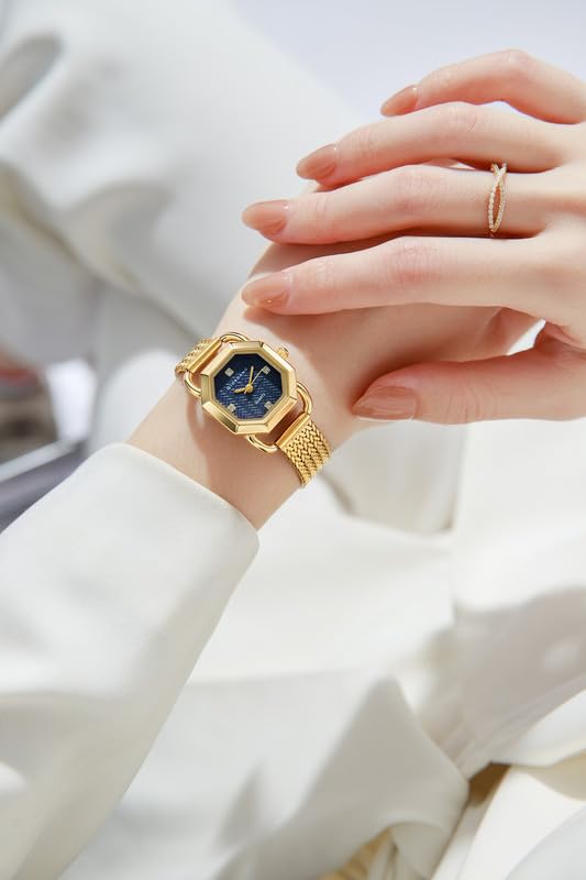 Image of Giordano Analog Quartz Watch for Women with Octagonal Textured Dial, Crystal Hours Markers, Blue Crown and Mesh Metal Strap
