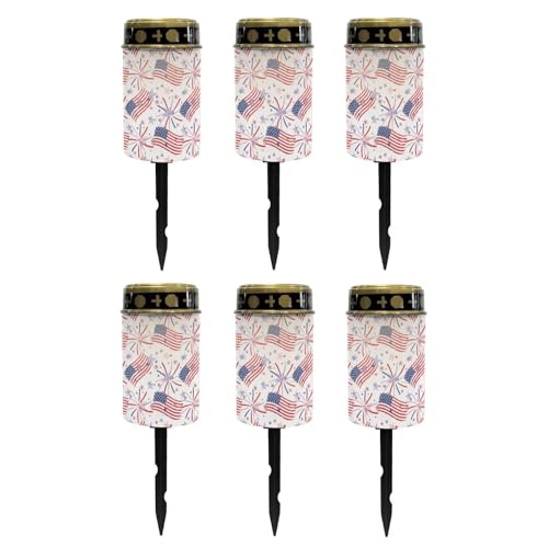 Image of Poceacles American Flag Fireworks Print Cemetery Candle Grave Lights Outdoor Waterproof Decoration Pathway Lights Garden Solar Candle for American 250th Independence Day Decor, Pack of 6