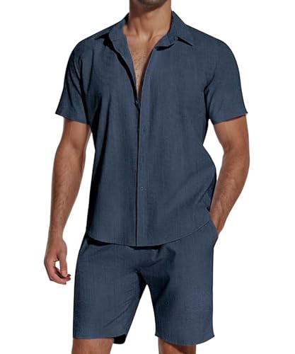 SHEKINI Men's Pyjamas 2 Pieces Cotton Linen Shirt Tracksuits Set Short Sleeve Button Down Shirts Summer Beach Shorts Casual Vacation Outfits Lounge Nightwear Pyjamas(Navy Blue,L#)