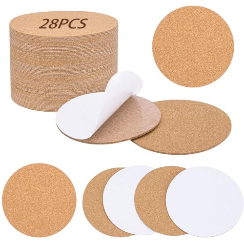 28PCS Self-Adhesive Cork for DIY Coasters (Thickness: 2MM) 3.74 Round Coasters for DIY Crafts Drinks and Home Tabletop Decoration with Strong Adhesive-Backed