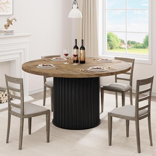 Crevyteg 47 Round Dining Table for 4-6 People Dining Room Table with Sturdy Waveform Metal Pedestal Base Farmhouse Circle Kitchen Table for Dining Room Kitchen Brown