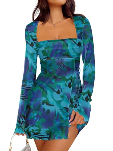 Image of Caracilia Womens Sexy Mesh Ruched Mini Dresses Long Sleeve Square Neck Tie Fall Club Party Cocktail Short Dress 2026 Fashion