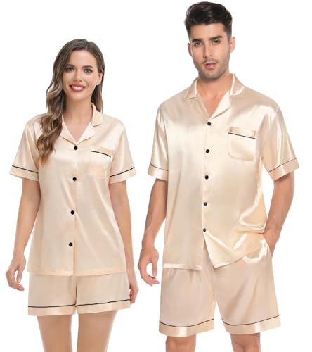 SWOMOG Couples Pajamas Women &Men Silky Satin Sleepwear Short Sleeve Button Down Pj Set Loungewear