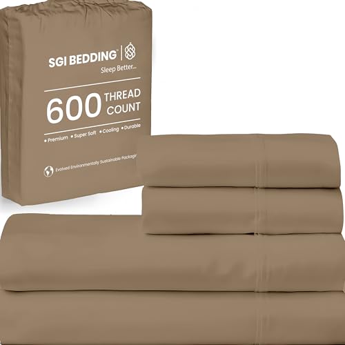 Image of SGI bedding Queen Bed Sheets Set - Premium 600 TC Egyptian Cotton, Crisp & Cooling Sateen Weave, Extra Soft Hotel Collection, Fits Mattresses Up to 16 Inch Deep, Breathable & Long Lasting - Taupe