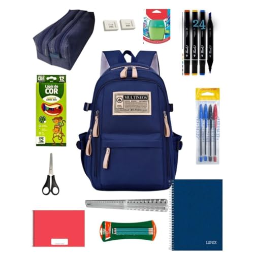 Kit Escolar Completo Masculino Azul, Mochila, Material Escolar Ensino Médio e Fundamental, Inclui Estojo, Cadernos, Lápis de Cor 12 Cores, Canetas, Régua, Tesoura, Apontador e Borrachas