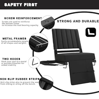Stadium Seats for Bleachers with Back Support and Wide Padded Cushion, Portable Folding Bleacher Chairs with Backrest and Shoulder Strap, Perfect Bleacher Cushion for Sports Event (1 Pack, Black)