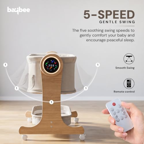 Image of BAYBEE 3-in-1 Electric Wooden Cradle for Newborn Baby | Baby Bassinet, Cribs & Cots with 5 Speed Automatic Swing & 3 Height Adjustable | Bedside Crib for Baby with Remote, Touch Panel, Music & Storage