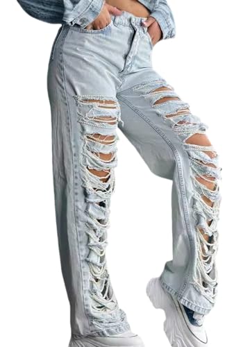 Famnbro Women's Destroyed Ripped Jeans Pearl Wide Straight Leg Denim Pants Distressed Jeans