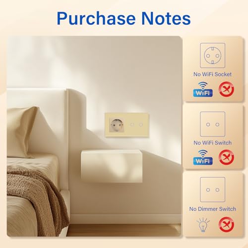 BSEED Steckdose mit Lichtschalter,Glas Touch Lichtschalter Unterputz Schalter,Schuko Steckdose mit 2 Fach 1 Wege Wandschalter Gold(Nicht Smart Schalter)