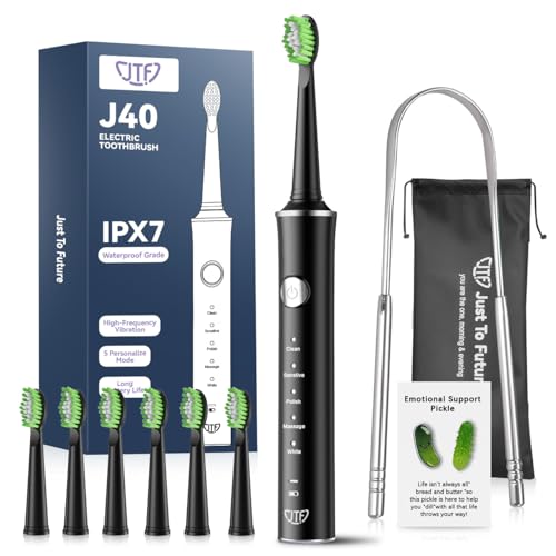 JTF Sonic Electric Toothbrush for Adults: 6 Brush Heads, Travel Bag, Tongue Scraper, 5 Brushing Modes for Teeth, Smart Timer and IPX7 Waterproof, Rechargeable Toothbrush for Deep Cleaning & Whitening