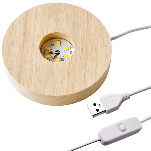 Image of Wooden LED Light Display Base, Round Lighted Lamp Stand Desk Table Holder (with USB Cable Switch) - Warm Light Version for Crystal, Glass, Acrylic, 3D Resin Lamp Models