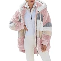 Dokotoo Womens Ladies Plus Size Winter Color Block Patchwork Casual Fuzzy Warm Fleece Sherpa Jackets with Hooded Fall Open Front Oversized Cardigans Zipper Coats for Women Pocketed Outerwear Pink 2XL