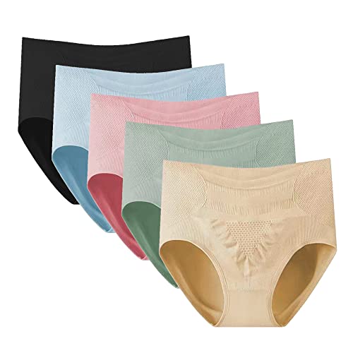 KOEMCY 5 Piezas Bragas Culotte Talle Alto para Mujer Algodón Braguitas con Control de Abdomen de Cobertura Completa Sin Costuras Braguita Menstruales Postparto Bragas (L)