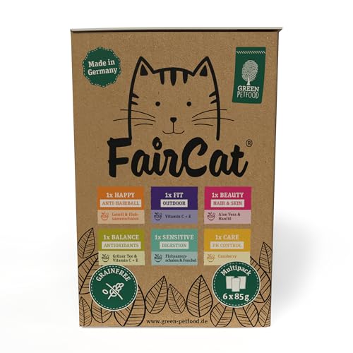 Green Petfood FairCat Multipack (6 x 85 g) | Adult | Premium Nassfutter für ausgewachsene Katzen | 6 verschiedenen leckere Sorten im Multipack | getreidefrei | Katzenfutter nass | 6er Pack