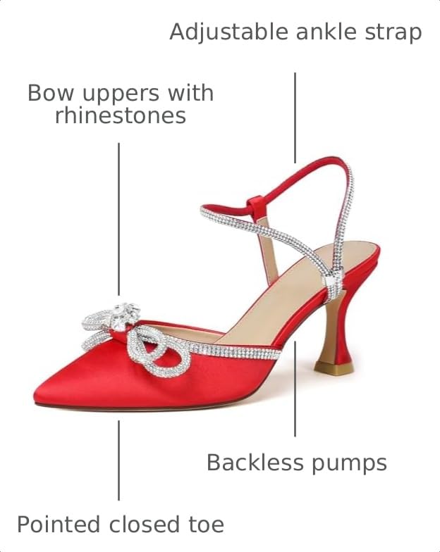 Image of Susanny Women's Closed Toe Rhinstone Wedding Low Heel Slingback Clear Kitten Heels,Adjustable Strap Pointed Toe Bow Pumps High Heeled Prom Dress Shoes