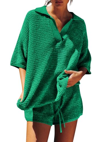 Image of Tankaneo Womens Sweater Set 2 Piece Outfits Oversized 3 /4 Sleeve V Neck Knit Tops High Waisted Shorts Lounge Sets