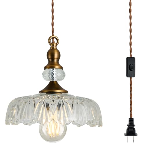 Image of CVKASH Plug in Glass Pendant Light Fixture Brass Vintage Adjustable Chandelier Brushed Gold Hanging Ceiling Light for Farmhouse Hallway Bedroom Foyer Kitcken Dining Room Island
