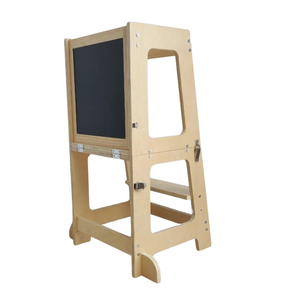 MOON KIDSAll-in-1 Learning Tower for Toddlers and 1-6 Years, Kitchen Helper Stool with Chalkboard, Whiteboard, Desk Table, and Chair All in One (Natural)