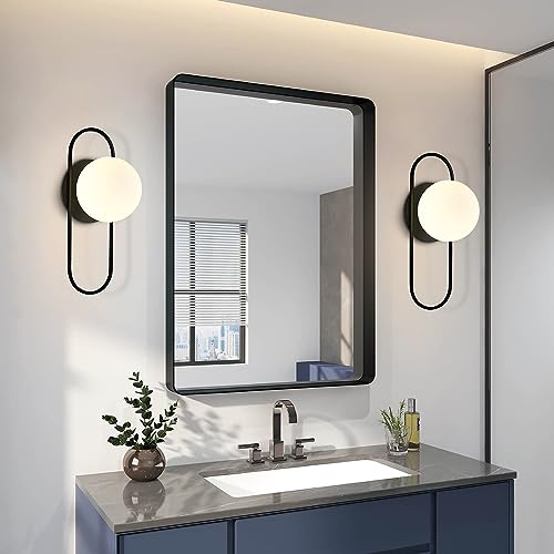 Image of Mid Century Modern Round Wall Sconce 1-Lights Black Globe Wall Sconce Lighting Minimalist Vanity White Glass Bathroom Wall Lamp Farmhouse Bedroom Bar Wall Light