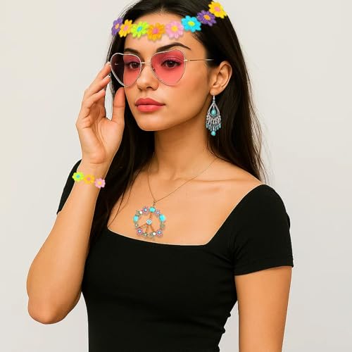 Hippie Accessoires, 5 Stück 70er Jahre Outfit Damen Set, Hippie Kleidung Damen Accessoires, Schlagerparty Outfit, Gänseblümchen Stirnband, Sonnenbrille, Ohrringe, Halskette