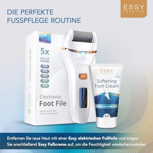 Essy Hornhautentferner Elektrisch Wiederaufladbar mit 5 Ersatzrollen für seidig weiche Füße, Akku Fußpflege Set Damen Herren mit Druckschutz, 2 Geschwindigkeiten, LED-Display, Pediküre Set, (Weiß)