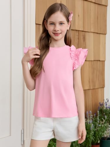 Image of Haloumoning Girls T Shirts Double Layer Ruffle Short Sleeve Kids Summer Crewneck Tunic Tee Tops 5-14 Years