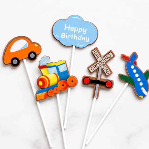 Image of Wanna Party Transport Theme Cake Topper Set - 5PC Happy Birthday Cake Decoration with Car, Train, Airplane, Railway Crossing & Cloud Topper for Kids Birthday Party, Vehicle Theme Cake Decor
