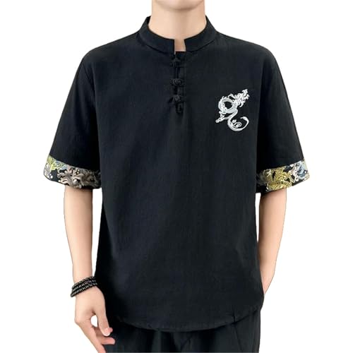 Chemise en coton et lin homme brodée dragon avec finitions artisanales et bouton grenouille