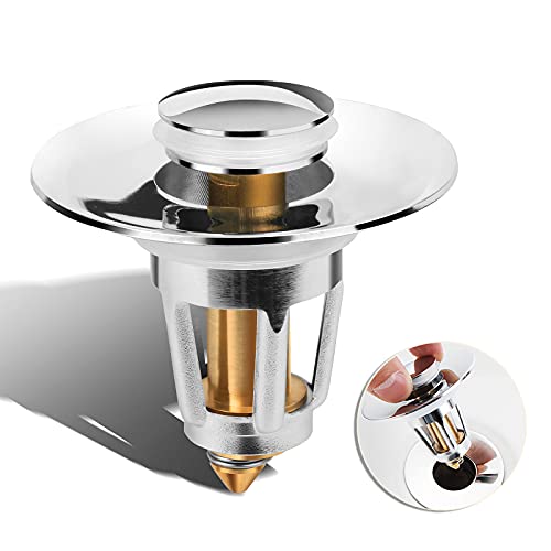 Bathroom Sink Stopper,Upgraded 1.1''~1.49'' Stainless Wash Basin Steel Anti Clogging Bathtub Drain Stopper with Filter Basket, Bullet Core Push Type Sink Stopper Drain Hole
