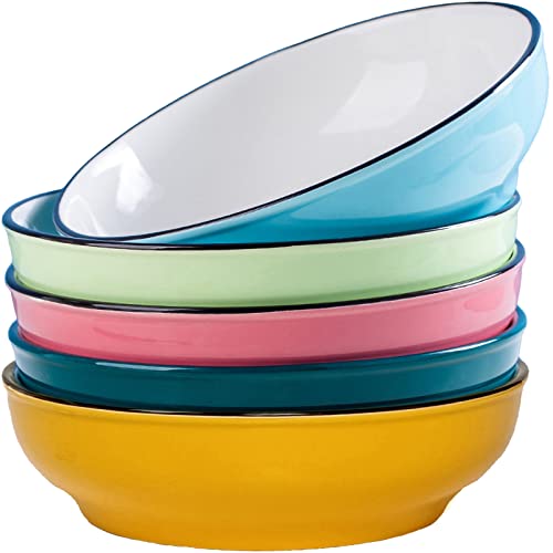 JDZTC Pasta Bowls, 30 Ounce Ceramic Salad Bowls Wide Shallow Bowls Deep Plates for Serving Dinner, Salad, Fruit, Bread, Dishwasher and Microwave Safe, Large Serving Bowl Set of 5