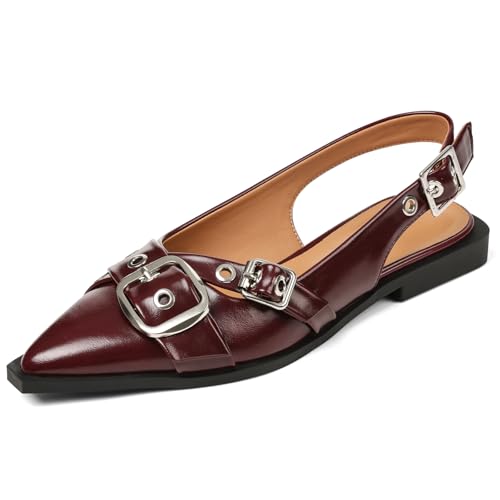 Women's Slingback Flats Closed Pointed Toe Low Heel Dress Flat Shoes Buckle Pathent Leather Ballet Flats for Women 2025 Comfrotable Work