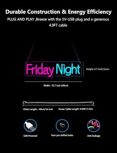 Image of Friday Night Neon Sign,15.7 Inch Giant Friday Night Light up Sign - Cool Neon Light Wall Decor for Home Karaoke Bar Restaurant Pub Cafe Salon Game Room, USB Powered (15.7 x 4.7 inches, 1Pack)