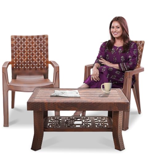 Image of MAHARAJA Luxury Plastic Armchair & Table Set | Heavy-Duty & Sleek Design for Every Space (Teakwood, 2 Chair+1 Table)