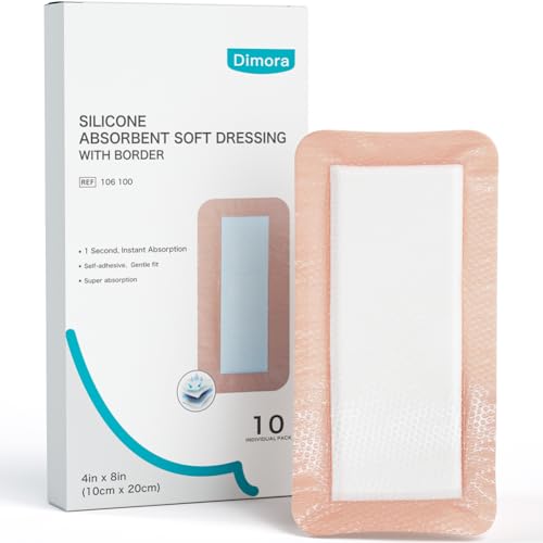 Dimora Silicone Ultra Absorbent Dressing Pads - Adhesive Wound Bandage with Gentle Border Waterproof Soft Gauze for Post Surgical and Bed Sore Exudate Management 4X 8 10 Count