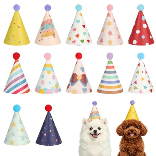 AYBUY 12 peças chapéus de festa de aniversário, gorros de festa cone gorros de festa com Poms, bricolage chapéu de papel com diadema ajustável, decoração de aniversário infantil para crianças e