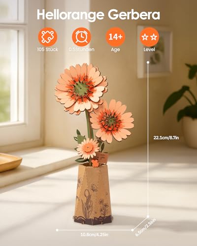 ROBOTIME 3D Holz Blumen Puzzle Hellorange Gerbera, Modellbausätze Für Erwachsene Zum Zusammenbauen, Künstliche Ewige Blüten, DIY Bastelset… – Ansicht 2