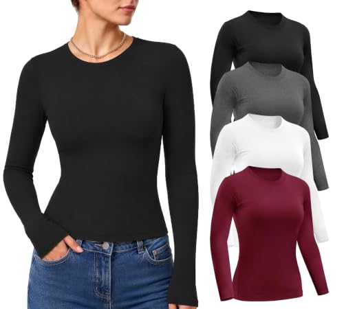 Dalavch 4 Pack Women’s Long Sleeve Basic Shirts Crew Neck Slim Fitted