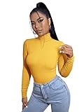 SweatyRocks Women's Long Sleeve Turtleneck Ribbed Knit Pullover Sweater Top Yellow XS