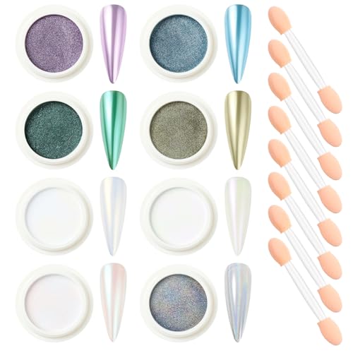 Nicedeco Lot de 8 Poudre Chrome Ongle Nacrée Aurora Schimmer Effet Perle Or Argent Métal Miroir Poudre Ongle Laser Caméléon Holographi Glitzerpuder Décor...