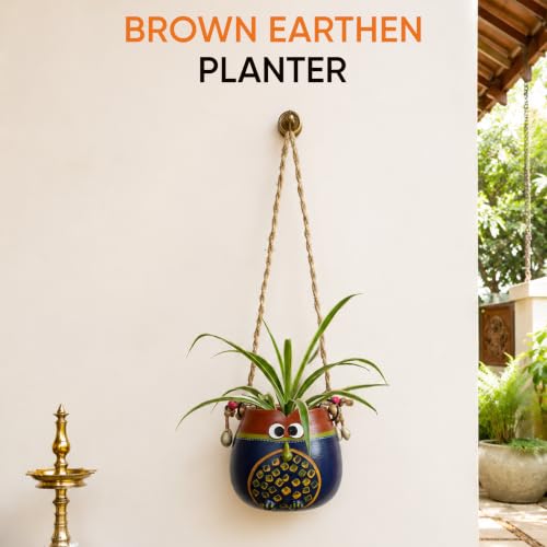 Image of AAKRITI ART CREATIONS Terracotta Hanging Planter | Blue & Brown Earthen Design with Jute Hanger, Modern Art, Matte Finish | Decorative Hanging Pot for Indoor & Outdoor Home Decor