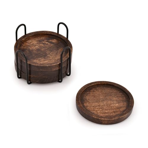 Image of SAMHITA Mango Wood Coasters for Drinks with Iron Holder Stand Set of 5 for Drinking Glasses, Tabletop Protection for Any Table Type