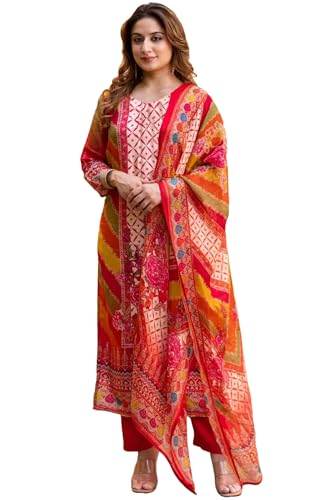 Image of GoSriKi Women's Rayon Viscose Straight Printed Kurta with Pant & Dupatta