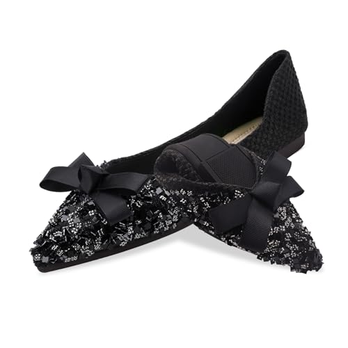 Women's Pointed Rhinestone Flat Shoes Glitter Flowers Wedding Comfortable Dress Shoes 8 Black