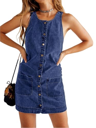 Image of Yousify Womens Casual Sleeveless Denim Overalls Dresses Button Down Summer Jean Mini Dress 2025 Trendy Romper With Pockets